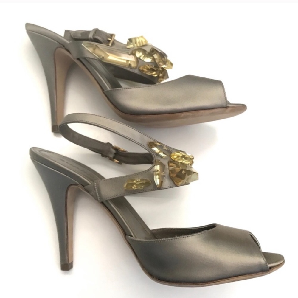 Burberry Citrine Crystal Satin Peep Toe Heels 41 - Picture 3 of 16